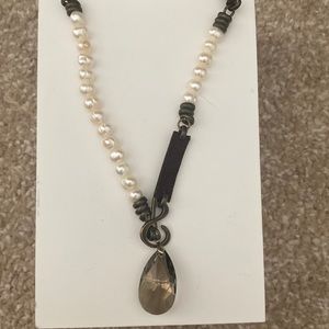 Leather, Pearl and stone wrap bracelet or necklace.